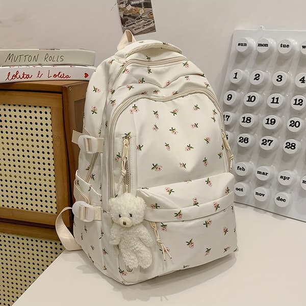 Nylon Dame Rygsæk med Trykt Rosendesign, Multi-Rum, Stor Kapacitet Not provided White