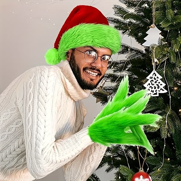 Julehue og Plys Luffer Sæt, Festlige Rollespil Kostume Tilbehør til Voksne 2pcs/set Green