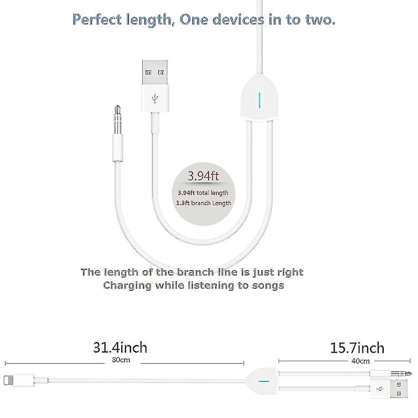 [Opgraderet] 2 i 1 lydopladningskabel kompatibel med iPhone/iPad, oplad og afspil musik samtidigt, understøtter bilstereo/højttalere/hovedtelefoner med