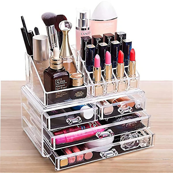 Akryl gennemsigtig makeup-arrangør og opbevaring stabelbar hudpleje kosmetisk display-etui med 4 skuffer Makeup-stativer kompatibel med smykker hårtilbehør