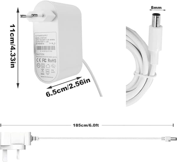 Oplader 1,85 m strømkabeladapter 20 V 2,5 A til Dyson TP04 TP05 TP06 DP04 BP01 PH02 PH04 PH09 til luftrensere luftfugtere og multifunktionel hvid-FY-