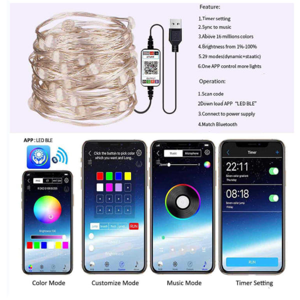 LED-striper med musikkmodus RGB fargeendring 20m 200LED