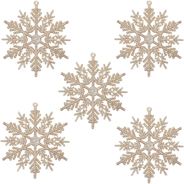 Christmas Glitter Snowflake Ornaments, 10cm Glitter Snowflake Hängande dekorationer för julgran, paket med 16 (champagneguld)