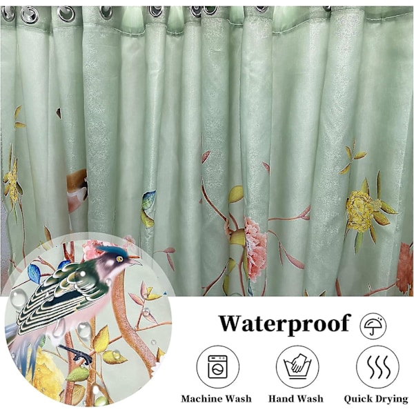 Duschdraperi Grön Mögelresistent Vattentätt Fågel Blomma Badrumsgardiner Med 12 Krokar 150x180cm