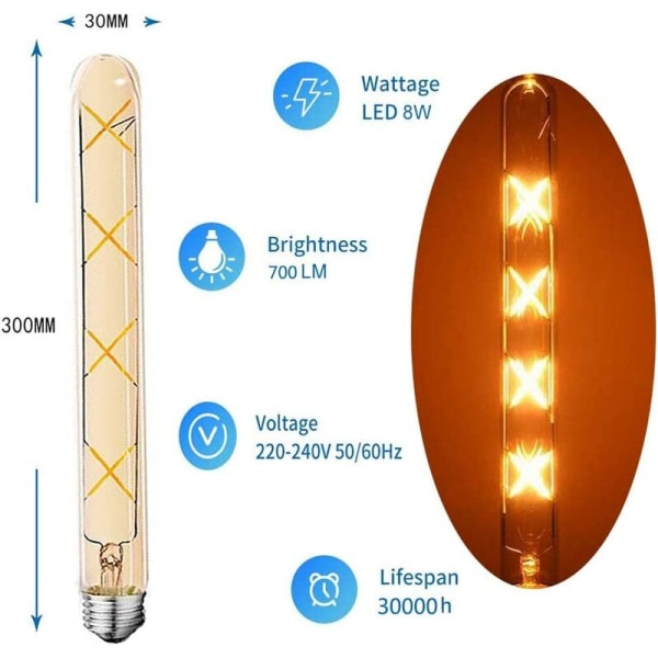 2pack E27 T30 LED-glödlampa 8W varmvit bärnstensglas ljusrör(70W halogenekvivalent)700LM Vintage energisparlampor E27,300mm