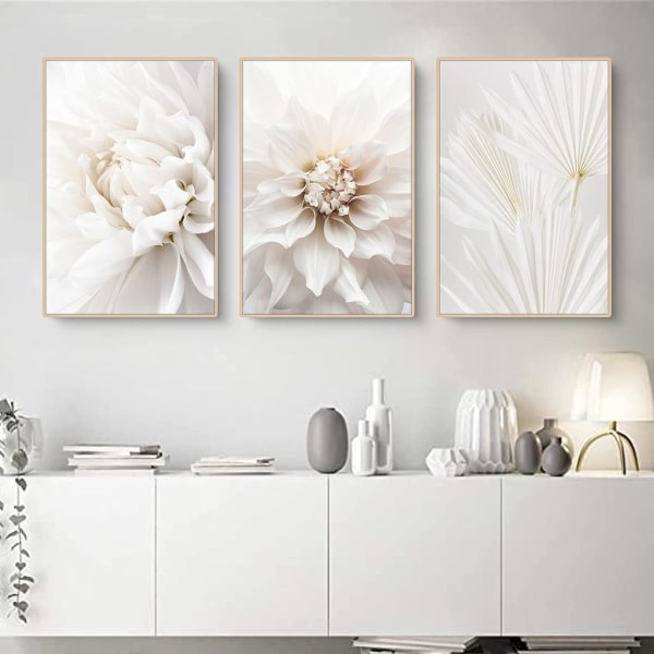 Sæt med 3 plakater White Rose Flower Pictures, uden ram Vægbilleder, Boho Picture Set Vægdekoration til stuen soveværelset