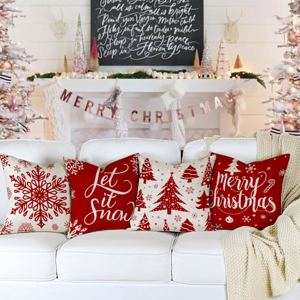 Jul Kuddfodral 40x40 Set om 4 Kuddfodral 40x40 Jultomte Älg Bomull och Linne Dekorativt Örngott för Juldekoration 40 x 40 cm - Po-