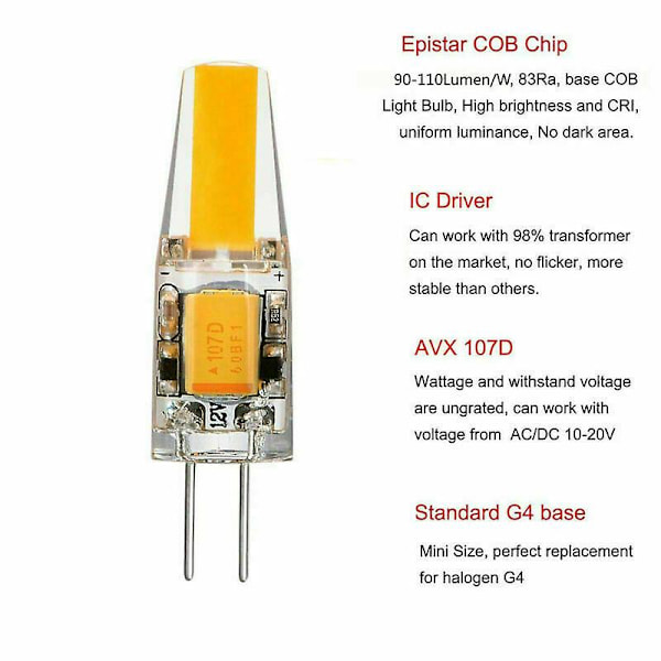 10 stk. G4 LED Pærer 6W Lamper Varm Hvid Dæmpbar COB Pin Base AC/DC 12V