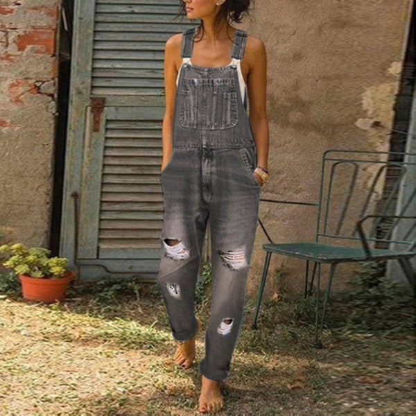 Dame Vasket Denim Bib Jeans Overalls Casual Ripped Denim Jumpsuits Rompers Gray L