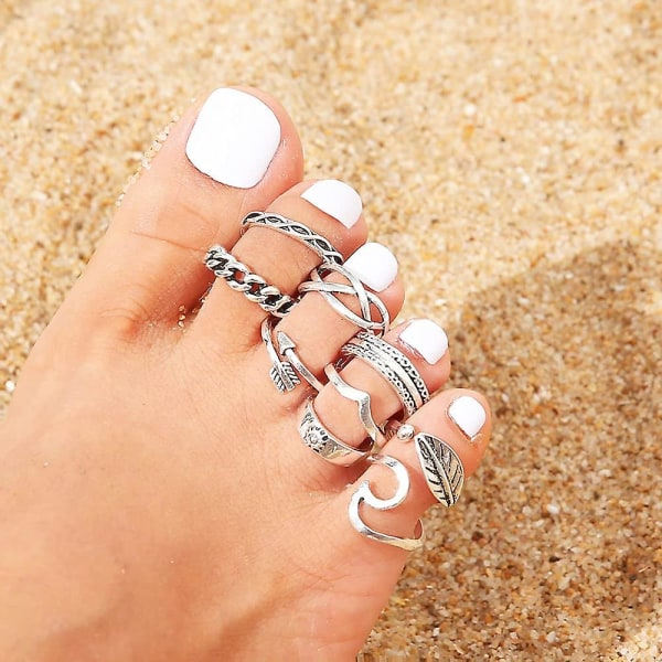 Tåringar Pack för kvinnor Silver tå Fingerringar för tonårsflickor Fot tåringar Öppna Boho smycken för sommaren Sandaler Beach Hennes gåva