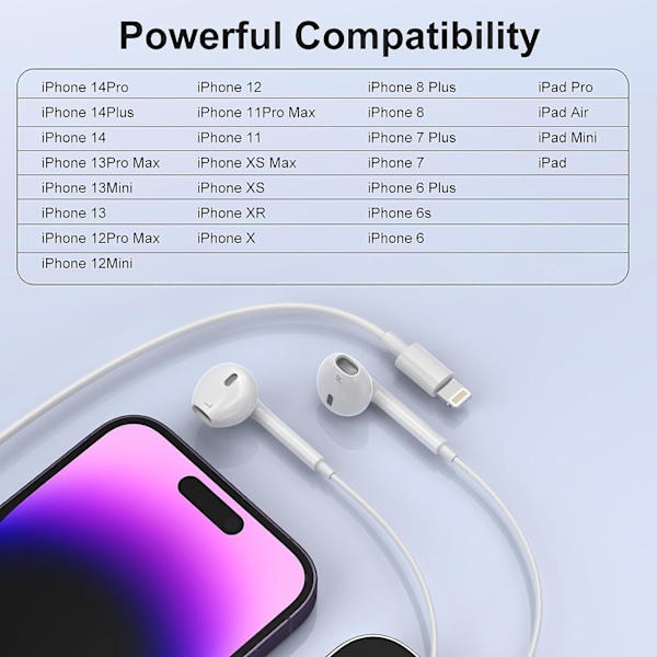Ørepropper for iPhone-hodetelefoner med ledning, hodetelefoner med Lightning-kontakt [Apple MFi-sertifisert] (innebygd mikrofon og volumkontroll)