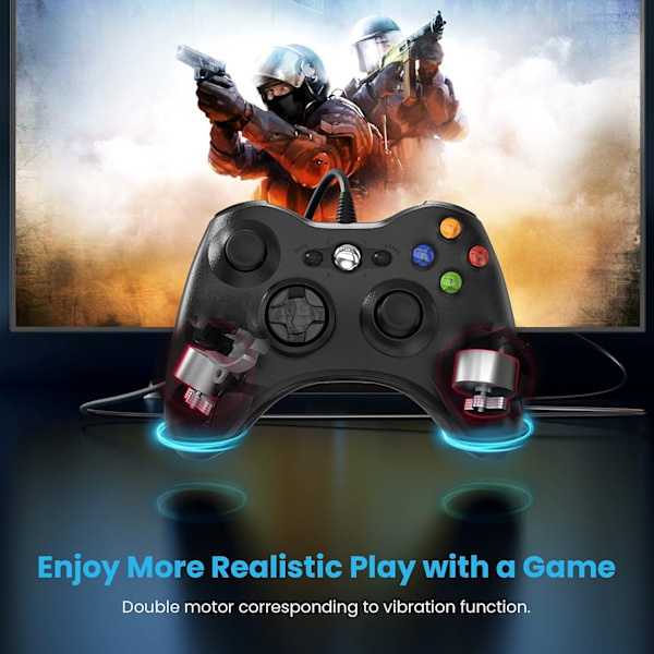 Xbox 360:n johdollinen ohjain, peliohjain 360:lle kaksoisvärinällä Turbo, yhteensopiva Xbox 360/360 Slim ja PC Windows 7,8,10 Black