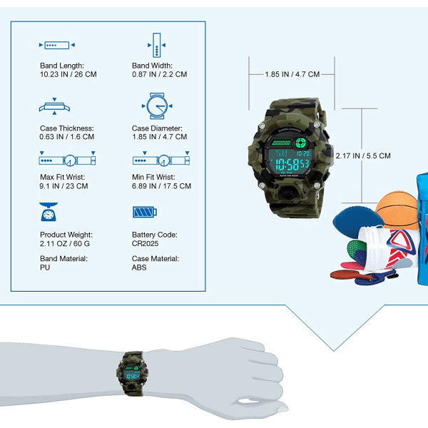 Digitala klockor för barn, militärsportklocka för pojkar med larm/timer/stöttålig