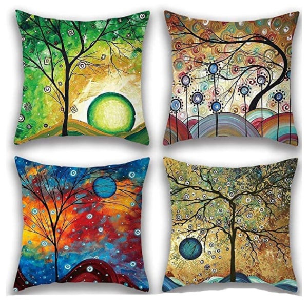 Set med 4 kuddfodral 45x45 cm färgglada träd dekorativa kuddar linne soffa kuddfodral