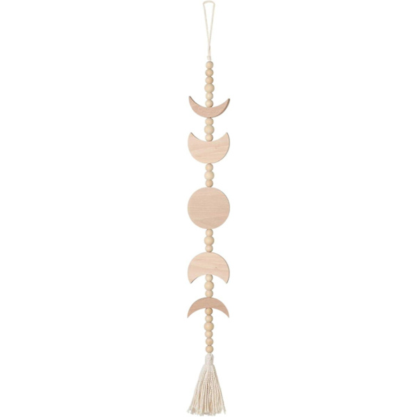 Väggdekoration i trä med månfaser, Boho-vävd heminredning