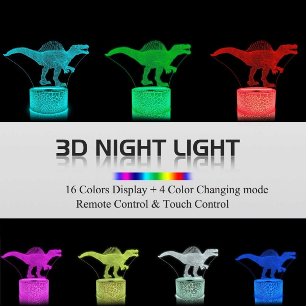 Dinosaur 3D nattlampe Spinosaurus illusjon LED nattbordslampe 16 farger fjernkontroll gave