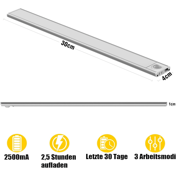 30 cm:n liiketunnistimella varustettu sisävalaistus, langaton LED-keittiövalonauha, 6000K kaapin valaistus 3 valaistustilalla, USB-ladattava, 2-pakkaus