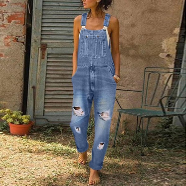 Dame Vasket Denim Bib Jeans Overalls Casual Ripped Denim Jumpsuits Rompers Blue L