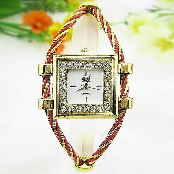 Crystal Square Dial Gold Case Kvinder Quartz Armbånd Ur