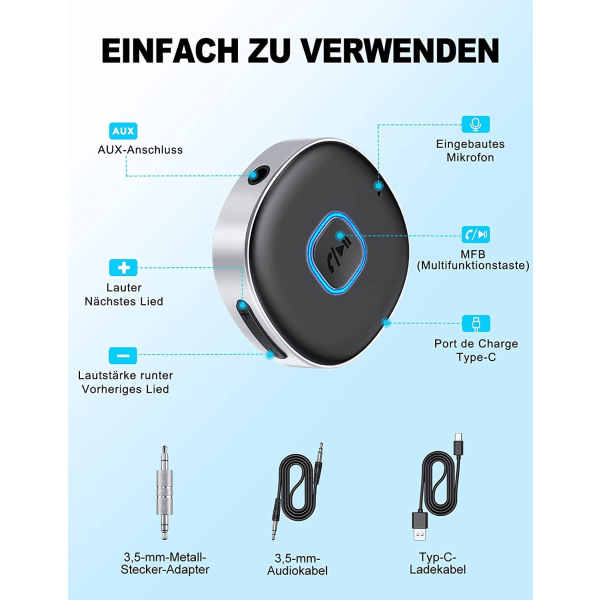 Bluetooth-adapter bil, trådløs bil Bluetooth 5.0 mottaker mini