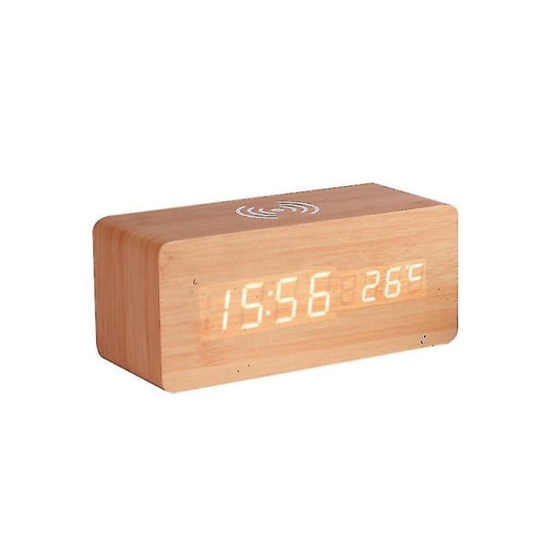 Trä Digital Väckarklocka Trådlös Laddning Med Datum Temperatur Luftfuktighet Wooden