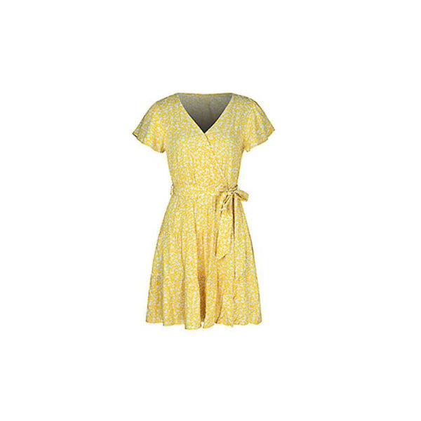 Blomsterfarvet V-hals Minikjole Exig Wrap Dress Kvinder Flowy Kortærmet Sundress Yellow S