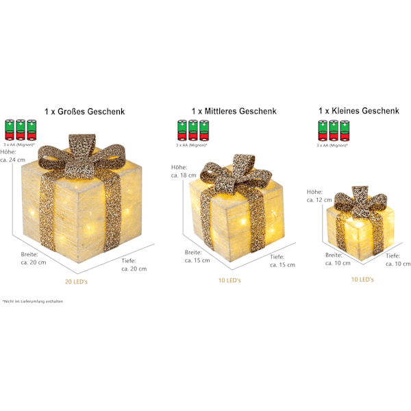 3 stycken LED-dekorationspresenter för juldekoration Gold