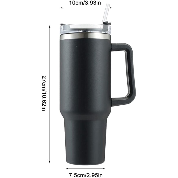 Vattenflaska i rostfritt stål | Mugg med sugrör ja handtag | Läcksäker vakuumisolerad vattenflaska för hett iskaffe (svart)