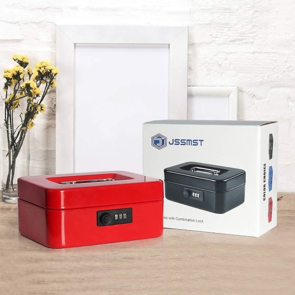 Small Cash Box With Combination Lock Durable Metal Cash Box With Money Tray Black,7.87 X 6.3 X 3.35 Inches Red