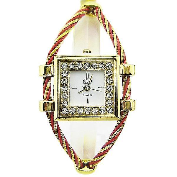 Crystal Square Dial Gold Case Women Quartz Bracelet Watch