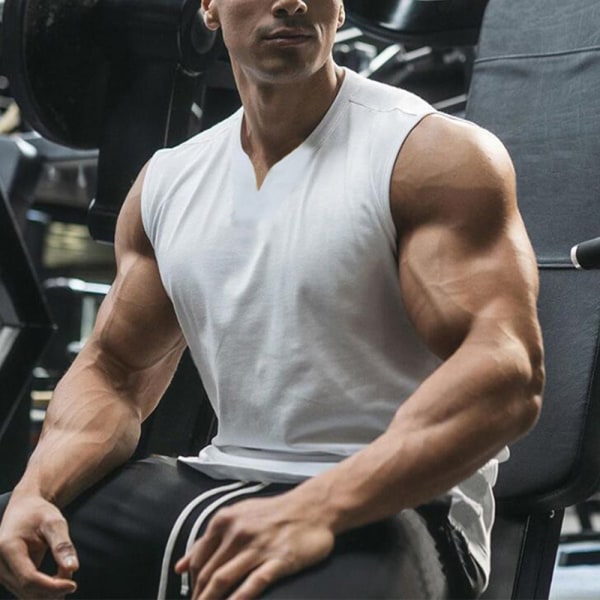 Mænd V-hals ermløs vest Sport Fitness Muscle Tank Tops white L