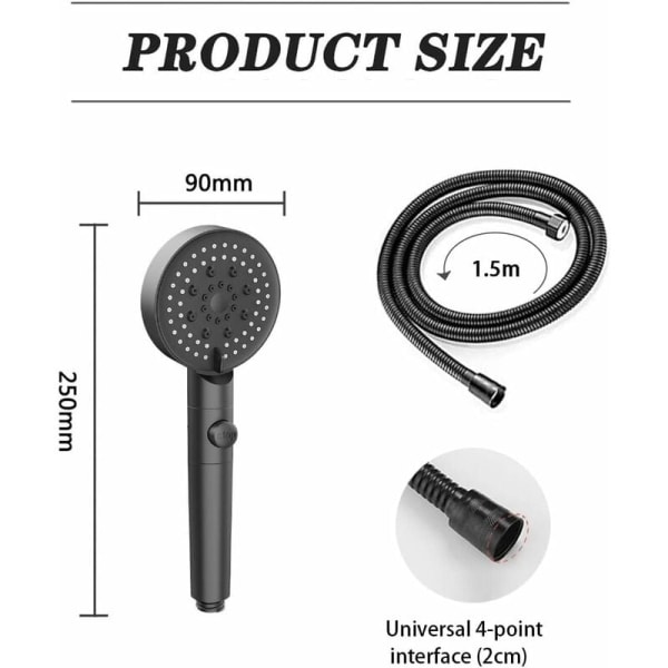 Diyxisk 5 lägen vattenbesparande duschmunstycke, justerbart duschhuvud, enknappsstopp, högtrycksbadrum Universal (svart)