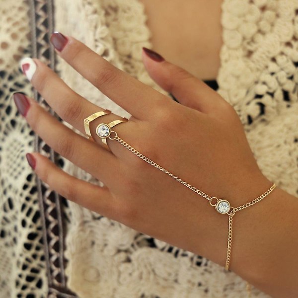 Guld Big Crystal Ring, håndrygg, håndleddskjedearmbånd