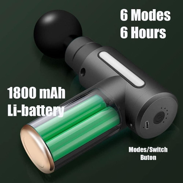 Minimassagepistol, USB-ladning, 4 massagehoveder, 6 lägen (grå)
