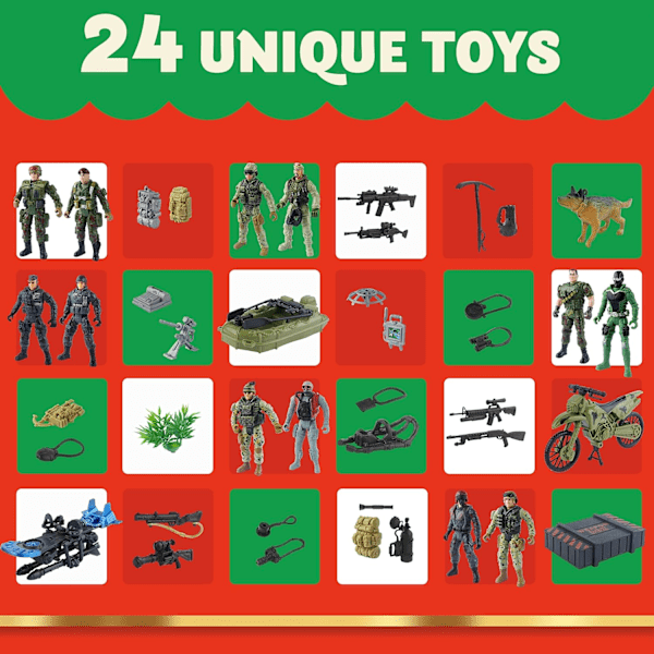 Julkalender för Militärpersonal 2024 med 24-dagars Soldat Actionfigur Tillbehör - Leksaker för Pojkar, Barnkalaspresenter