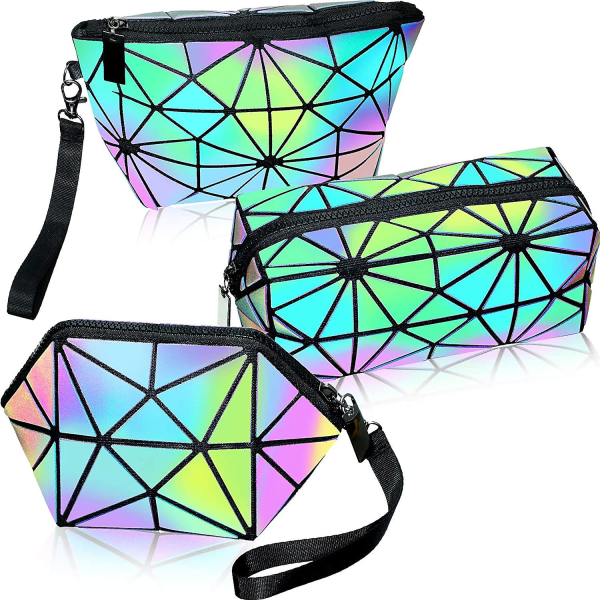 3 Pieces Makeup Bags For Women, Portable Travel Cosmetic Bag Organizer Case With Wrist Strap Toiletry Bags Luminous Geometric And Reflective Fol