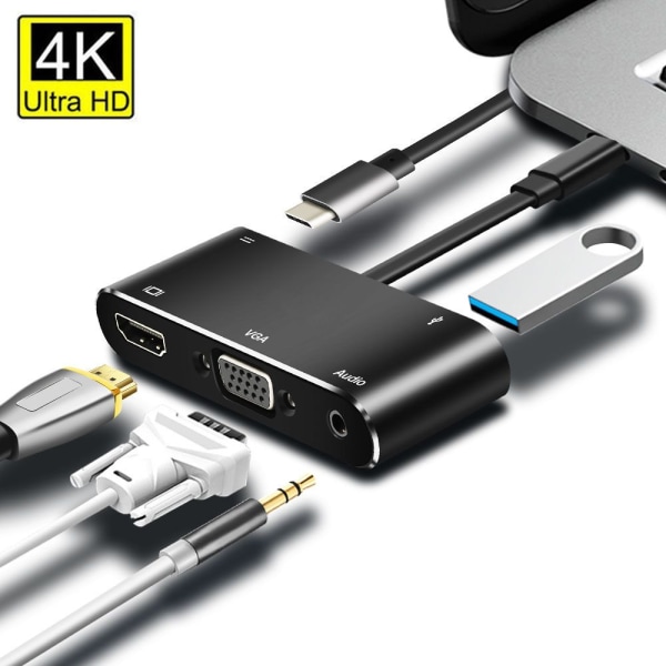 Type-C Hub 4K til HDMI VGA USB 3.0 dockningsstasjon black