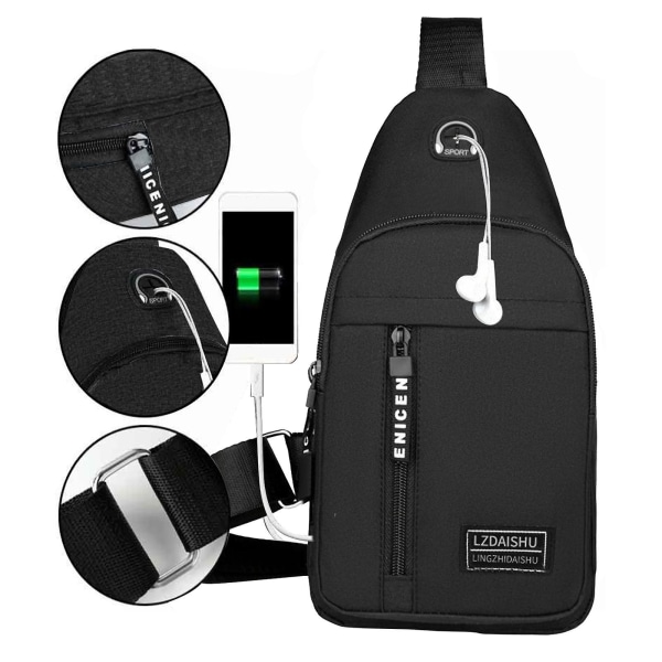 Stroppveske Crossbody-ryggsekk med USB-hull med hodetelefonhull Stroppryggsekk Vandringryggsekk Flerbruks Crossbody-brystveskeFAN20240269 Black