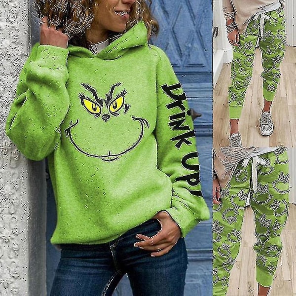 Kvinnors Print Casual och Grinch Face Drink Up Christmas Hoodies_xush Hoodie S