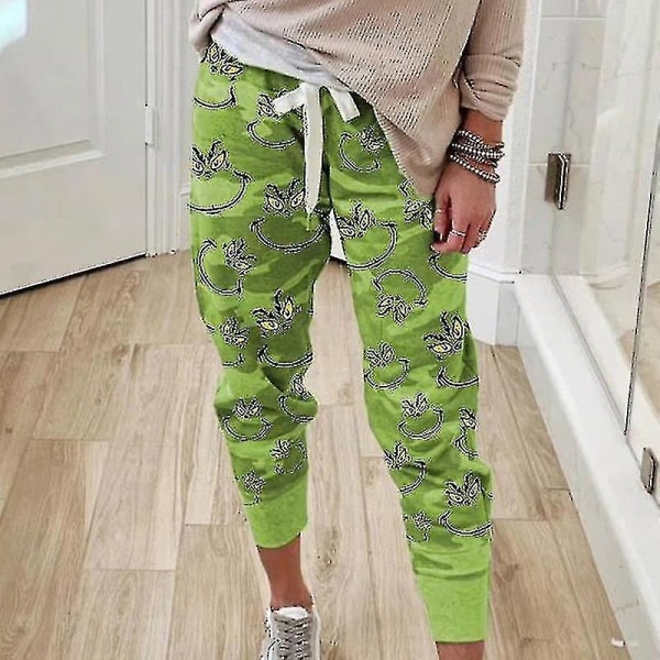 Kvinners Grinch Print Uformelle bukser og Grinch Face Drink Up Christmas Hoodies_xush Pants XL