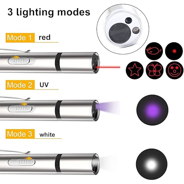 Interaktiv LED-kattelegetøj, USB-genopladeligt, 5 mønstre LED-pointer interaktivt legetøj, multifunktionslegetøj, egnet til killinger, hvalpe, sølv