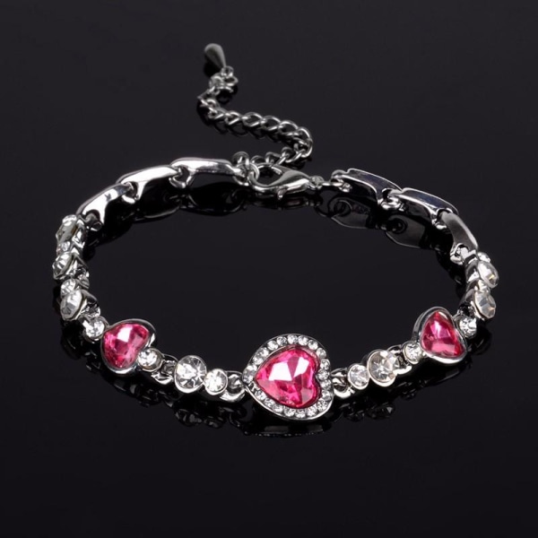 Sølvarmbånd med Hjärtan - & Vita Rhinestones / Strass pink