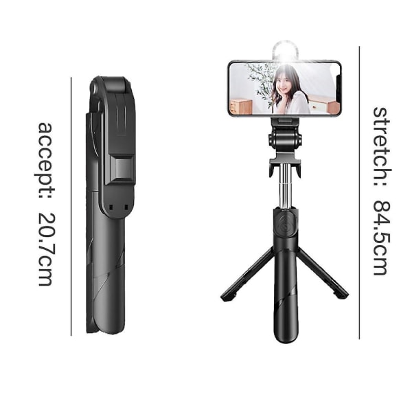 Selfie Stick-stativ med fjernkontroll og LED-lys, utdragbart