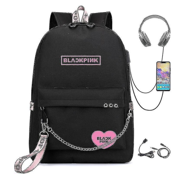 Blackpink Rygsæk USB Genopladelig Rygsæk Student Skoletaske Chain black