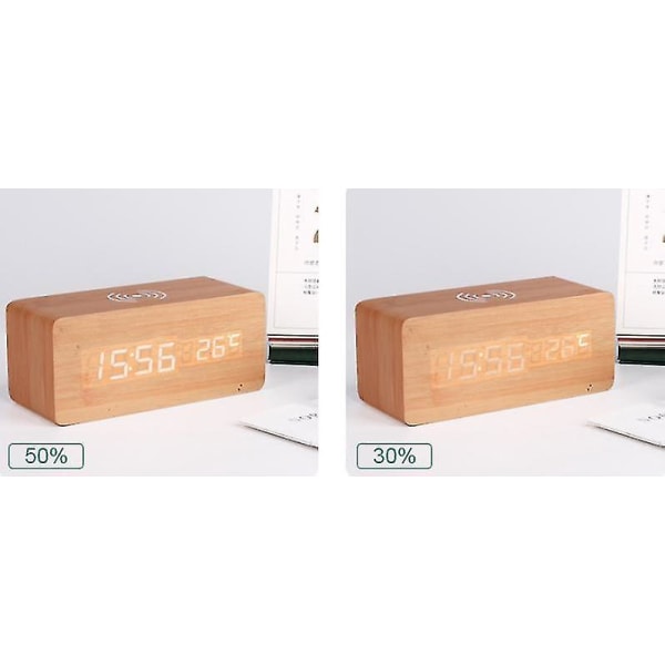 Trä Digital Väckarklocka Trådlös Laddning Med Datum Temperatur Luftfuktighet Wooden