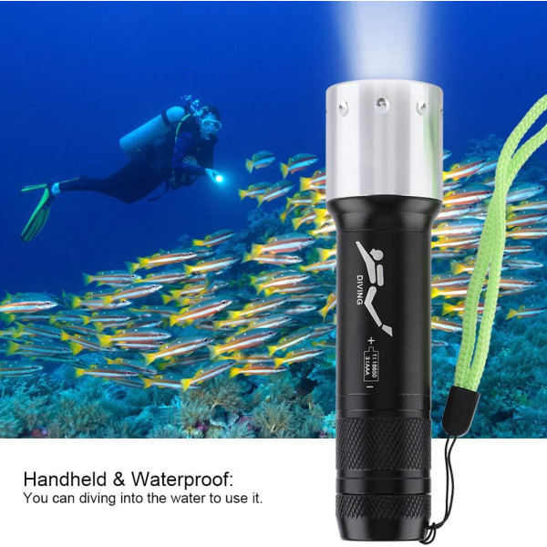 LED-dykarlampa, T6 6000lm vandtät ficklampa, 100m undervandsfotograferingsljus med 3 bare lyslägen for dykning og bergsbestigning