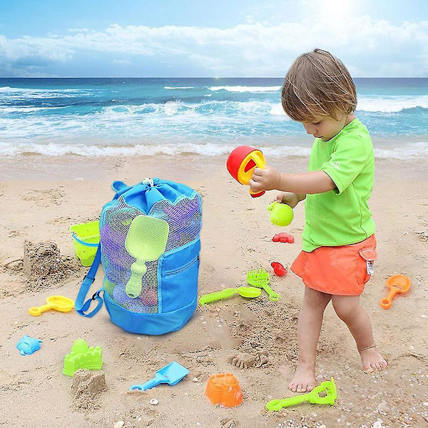 Mesh Beach Bag Large Tote Sand Beach Toy Bag Durable Backpack Swim And Pool Kids Toys Balls Drawstring Storage Bags Toys Not Included Blue
