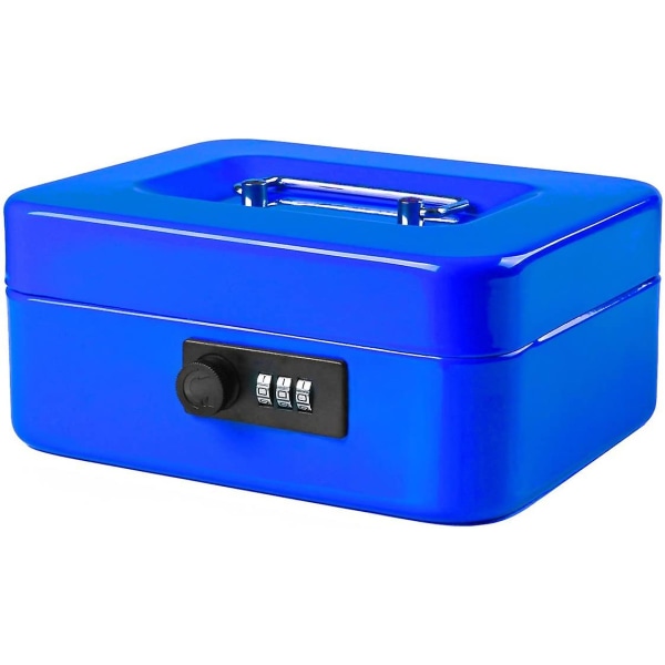 Small Cash Box With Combination Lock Durable Metal Cash Box With Money Tray Black,7.87 X 6.3 X 3.35 Inches Blue