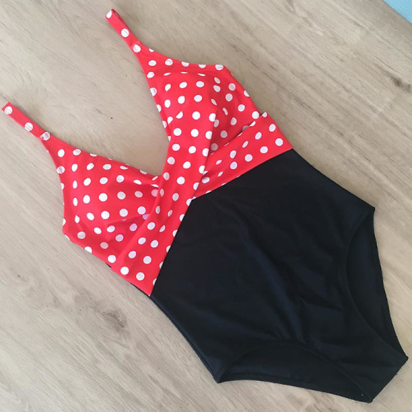 Dam Monokini Patchwork Push Up One Piece Sommarbaddräkt Baddräkt Baddräkt Polka Dot Red - Black M