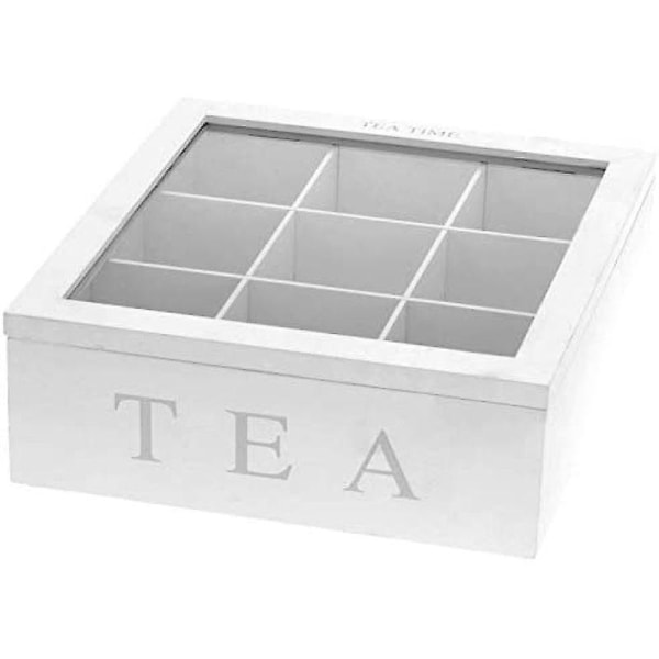 Wooden Tea Box, Tea Box In White, Tea Box With 9 Compartments, Large Tea Bag Box, White